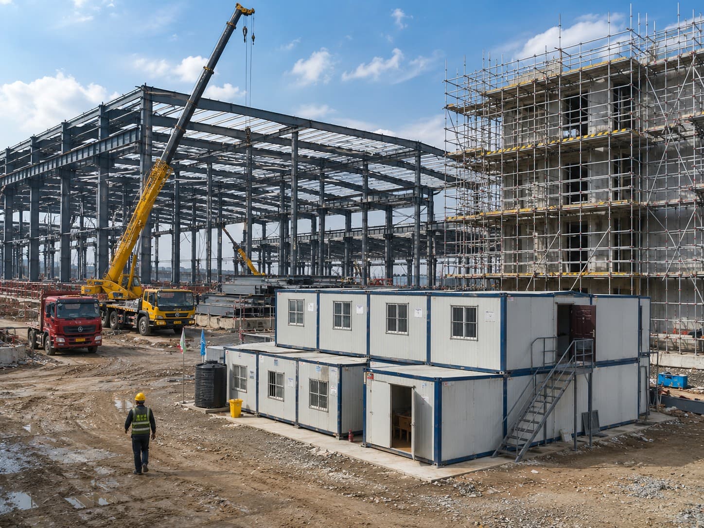 Steel structure under construction with scaffolding access and modular site buildings, supplied through YH China's coordinated supply chain
